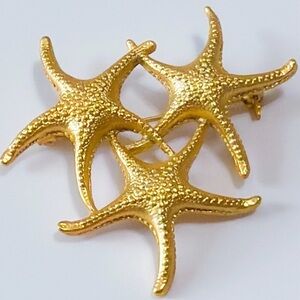 Vintage Triple Starfish Brooch Gold Tone Textured Coastal Palm Beach